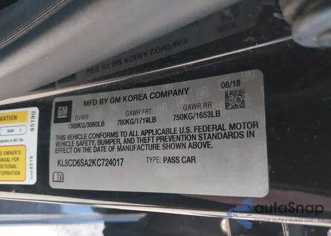 2019 Chevrolet Spark 1Lt Cvt из США, поврежденный, VIN KL8CD6SA2KC724017